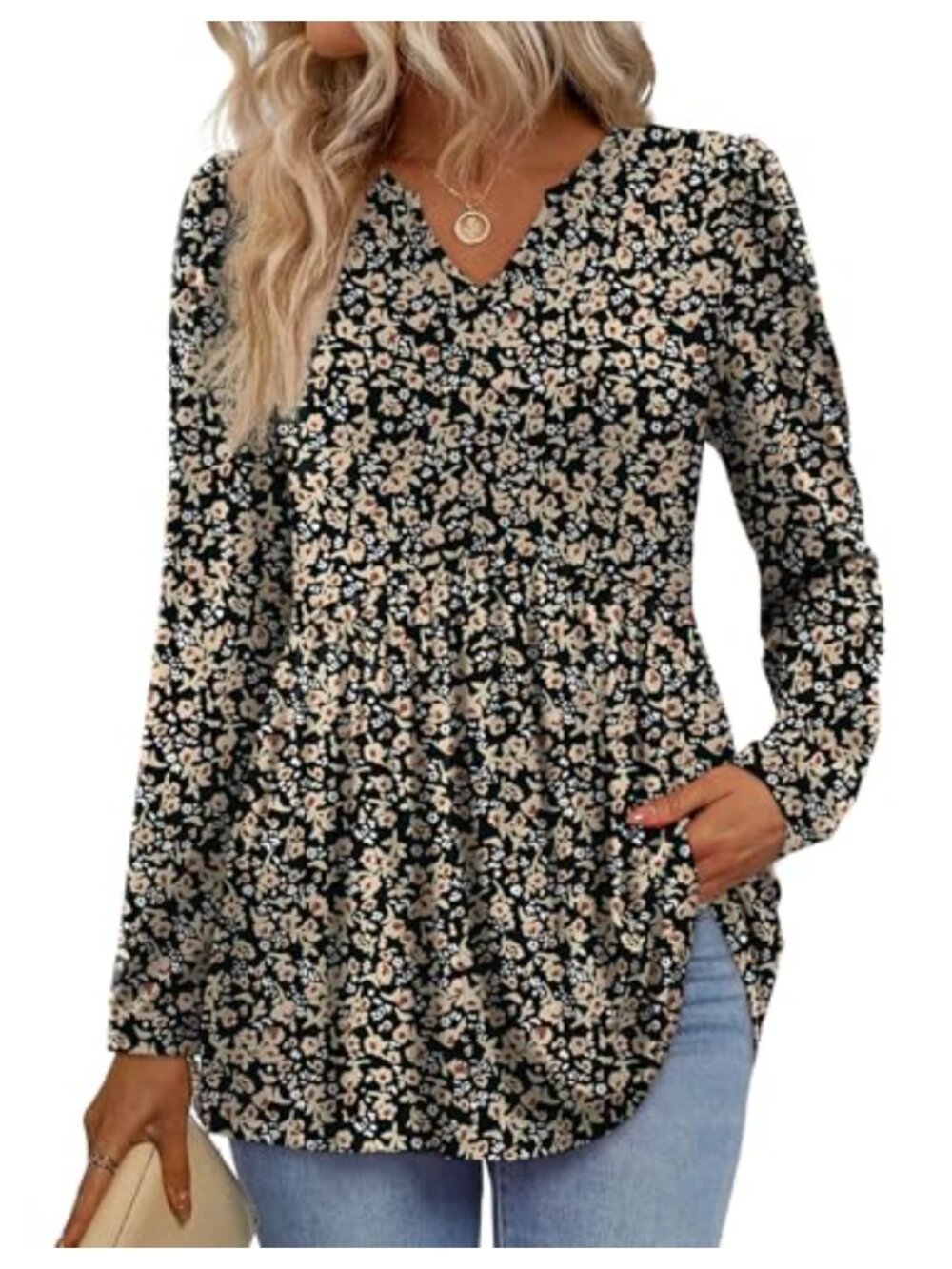 Womens Babydoll Tunic Top Long Sleeve V Neck Flowy Blouse